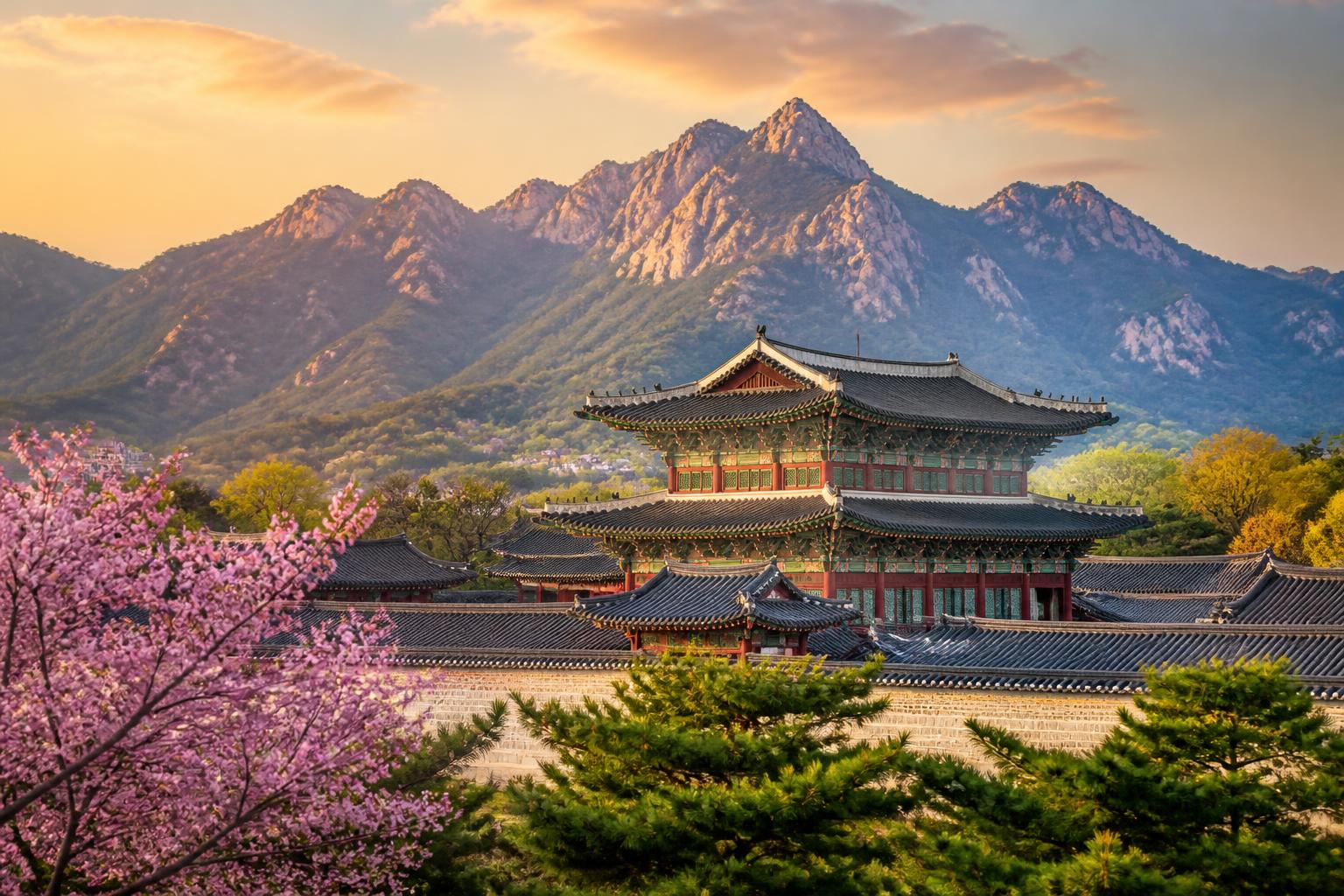 Gyeongbokgung, povijesna palača u Seulu, s planinama u pozadini